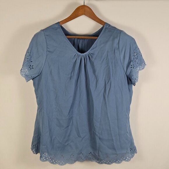 Mikarose Blue Eyelet Hem Short Sleeve Blouse Women’s XXL Modest Feminine Top - Picture 1 of 12